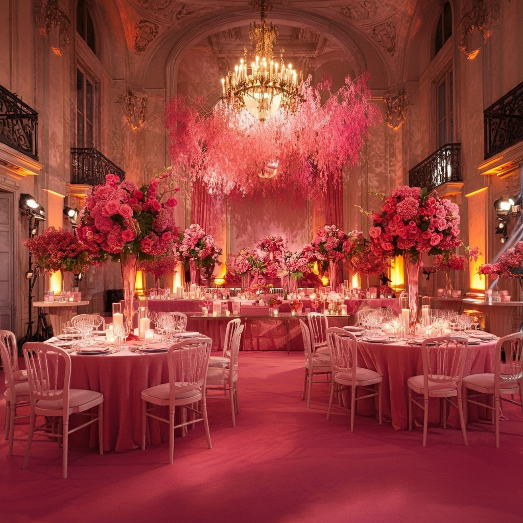 Elegant banquet hall decorated with pink flowers, floral centerpieces, and pink tablecloths, with a chandelier hanging from the ceiling.