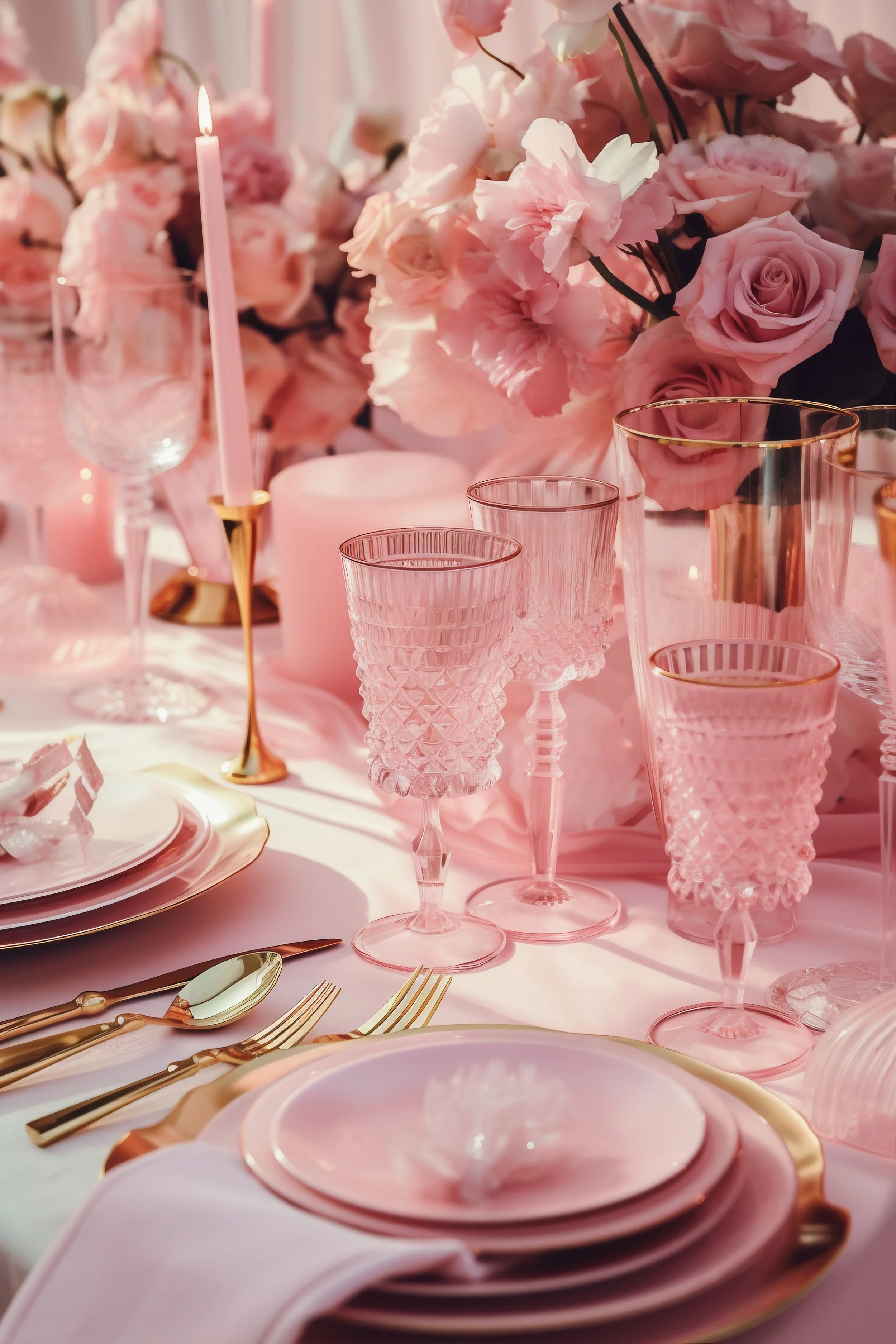 Elegant pink-themed table setting with pink glassware, gold cutlery, pink plates, and pink floral centerpiece including roses and peonies, accented with a pink candle and soft lighting.
