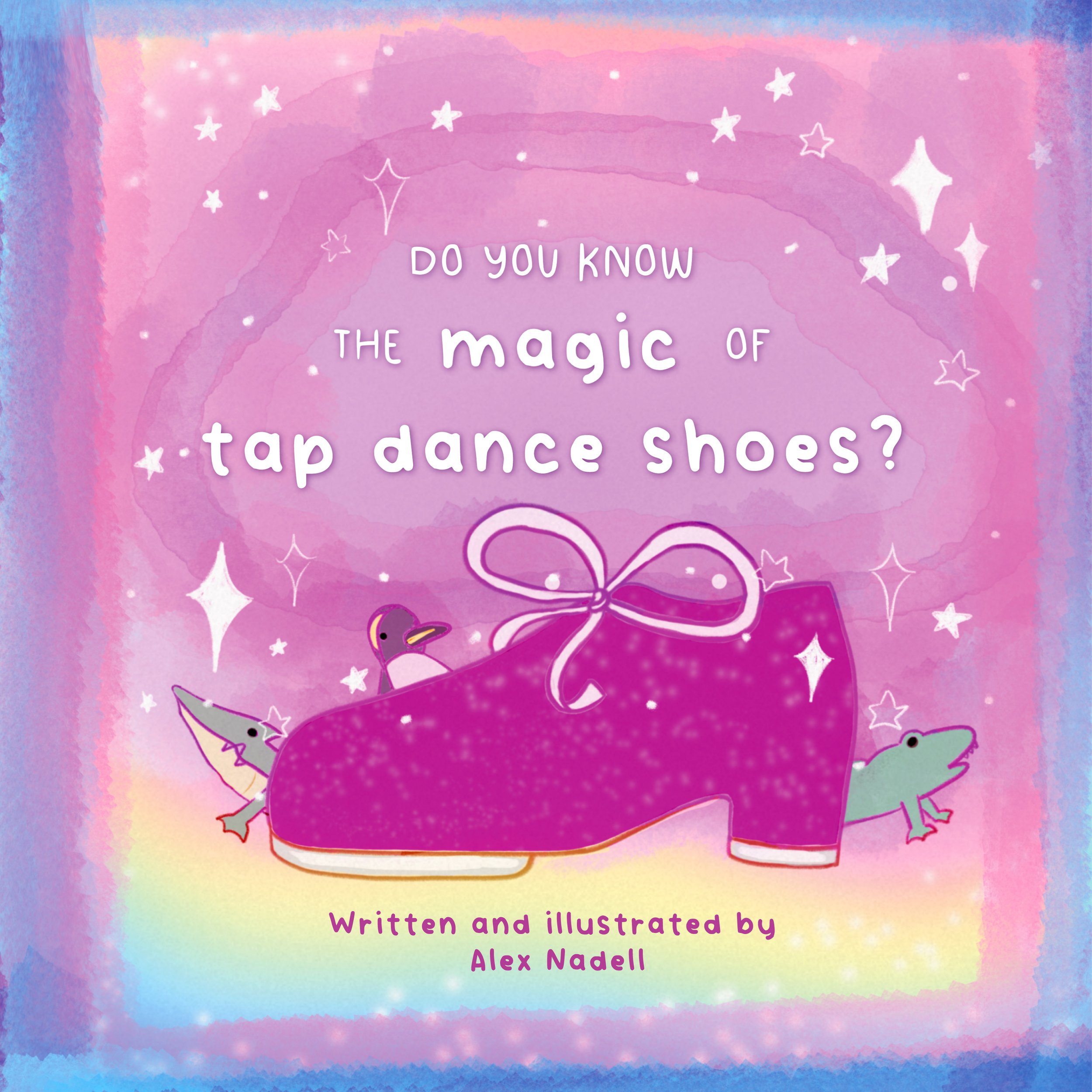 An illustrated purple tap dance shoe book cover with the title "Do you know the magic of tap dance shoes?"