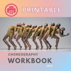 Printable Choreography Workbook Ultimate Edition 2025. A picture of a group of dancers in mustard colored long sleeved dresses leaning on each other