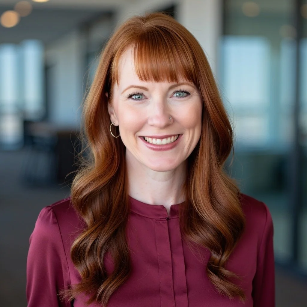 A woman with red hair smiling, wearing glasses on her head, black top, in a modern, brightly lit indoor space with blurred background furniture and plants.