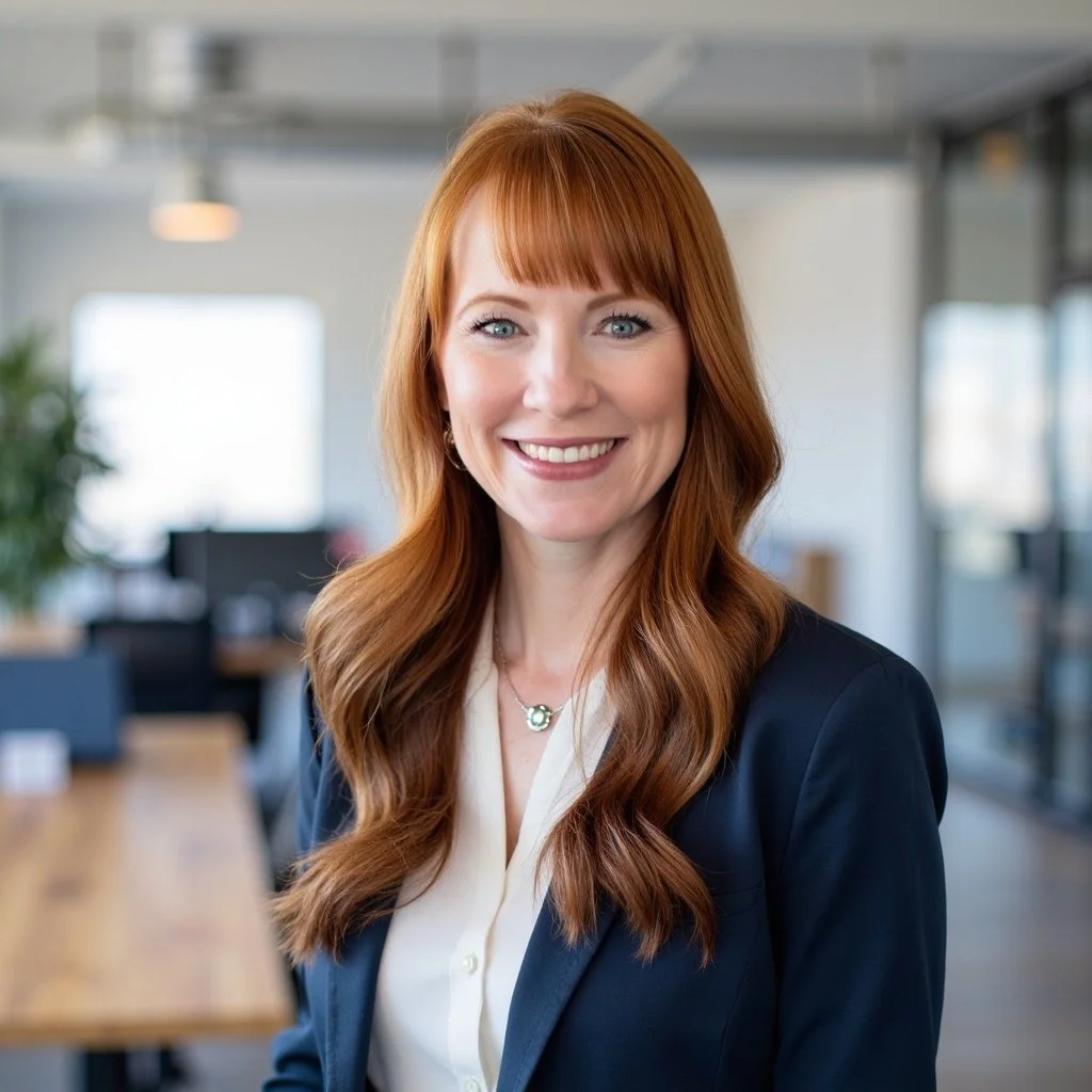 A woman with red hair, fair skin, and blue eyes, smiling outdoors in front of a barn-style door, wearing large white teardrop earrings and a blue sleeveless top with white embroidery.