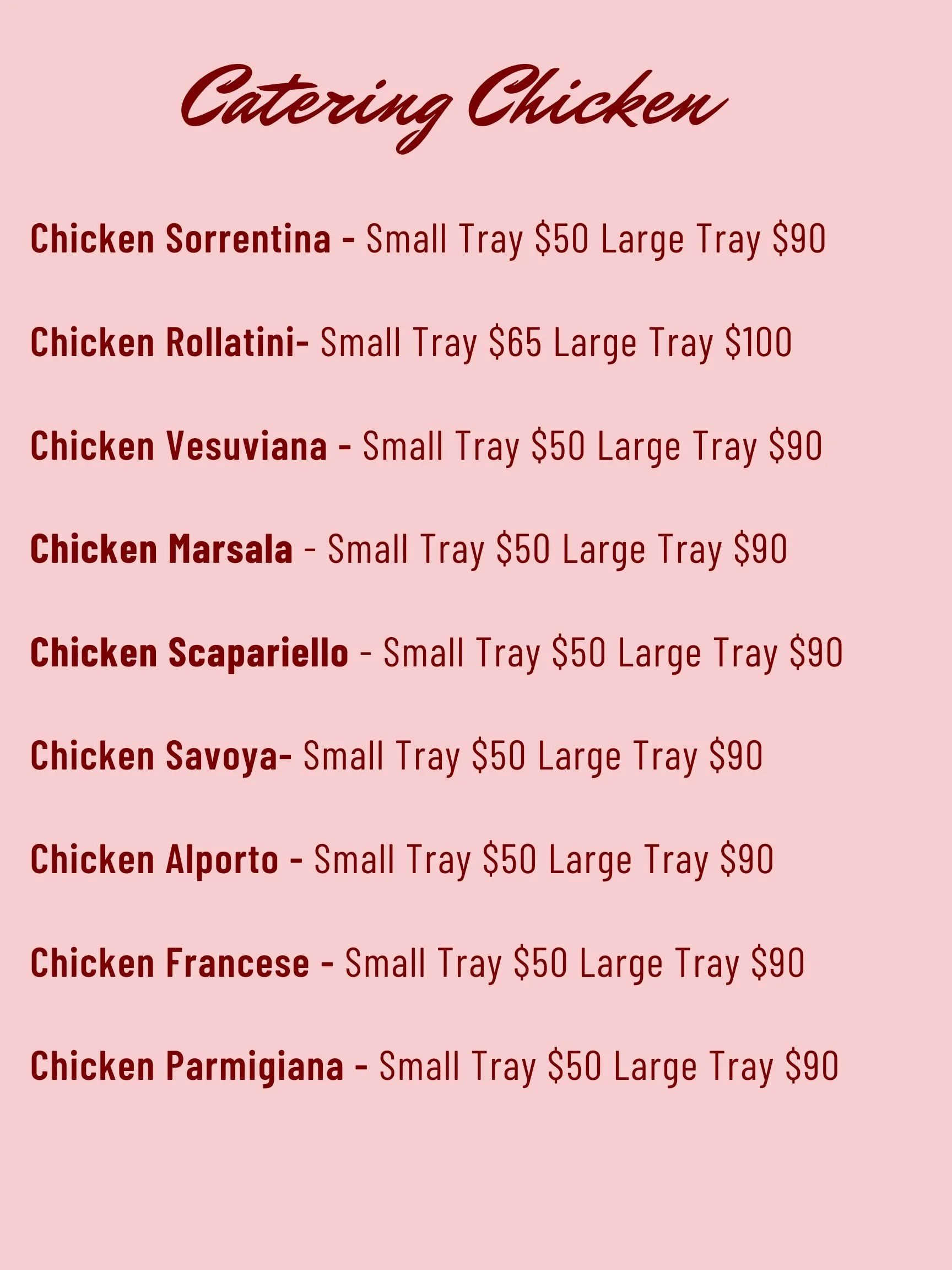Menu of catering chicken dishes with names and prices listed on a pink background.