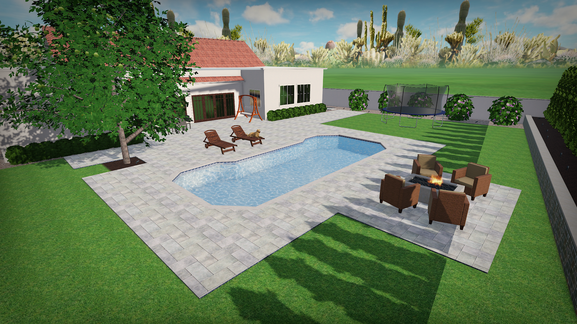 Render of a backyard with a swimming pool, lounge chairs, a fire pit with four chairs, and a trampoline, enclosed by fencing and greenery.