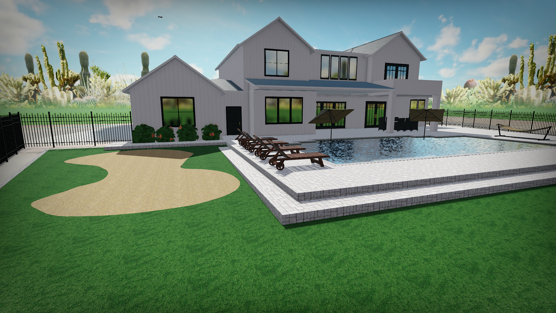 Modern two-story house with a backyard swimming pool, surrounded by a black metal fence, with lounge chairs and umbrellas, a sandbox, and a lawn. Desert cacti are visible in the background under a blue sky.
