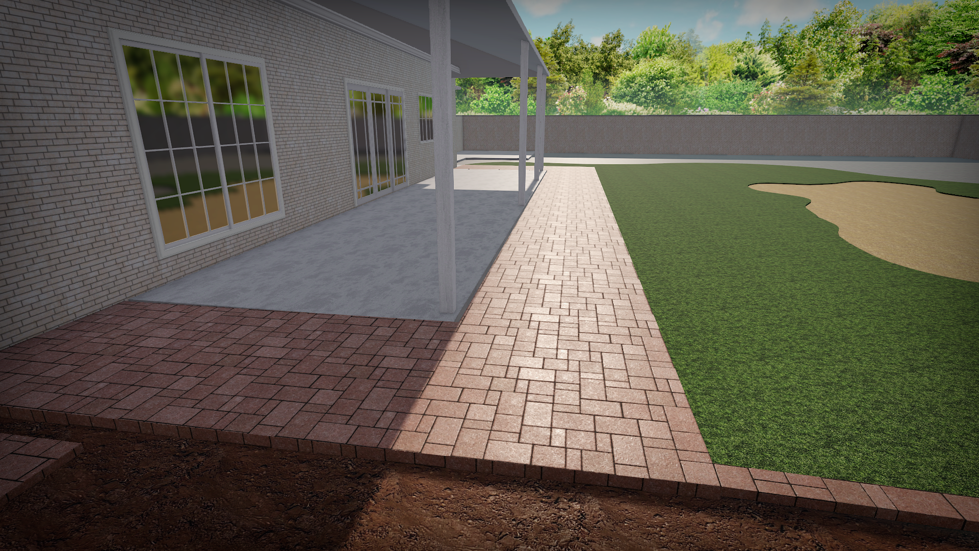 Illustration of a backyard patio with brick pavers, a concrete area, and a grassy lawn with a sand area, bordered by a brick wall and green trees in the background.