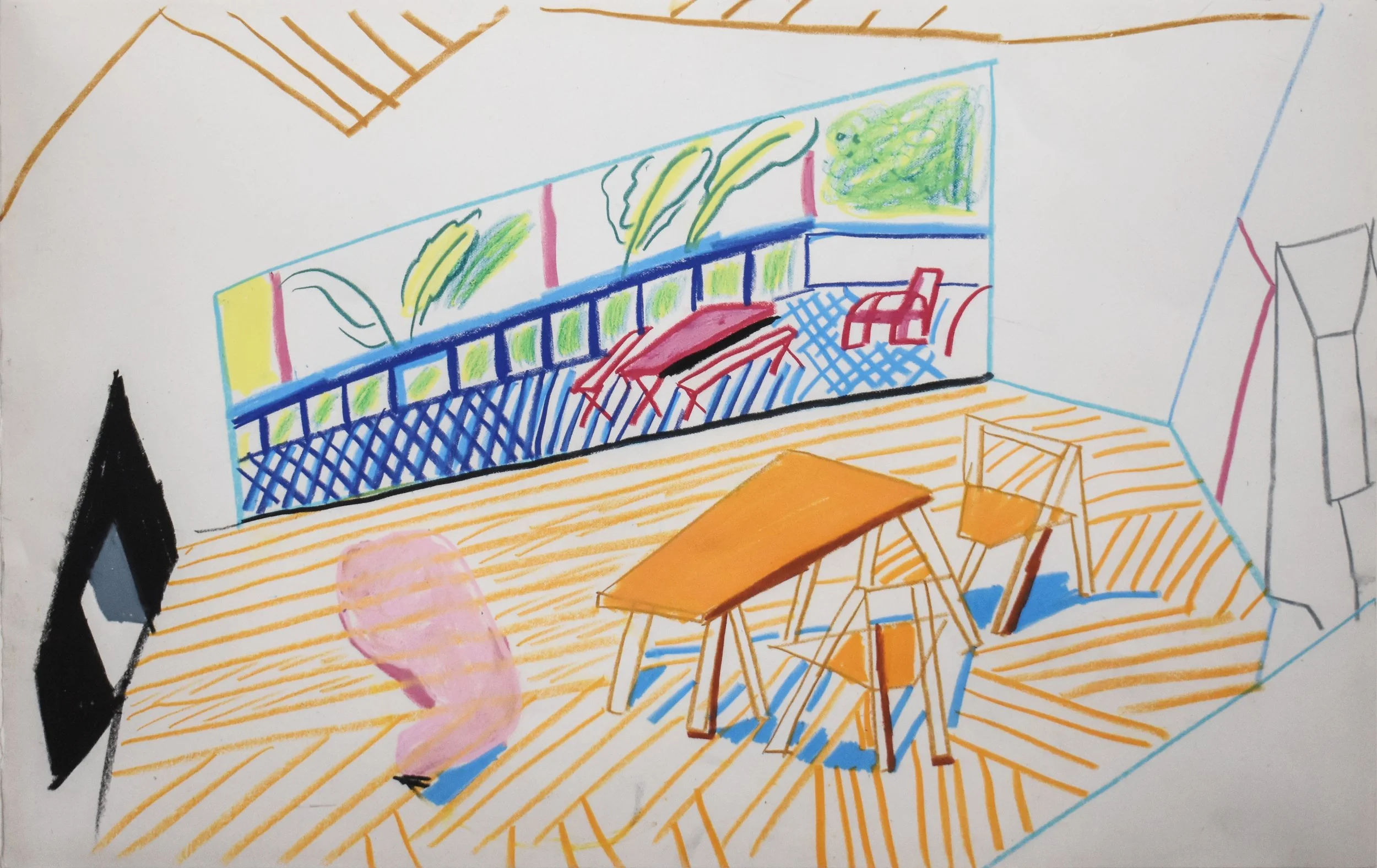 Attributed to David Hockney (1937-2026)
 Study of the "Interior of Hollywood Home" , 1985
Pastel crayons on artist paper
Image: 13.5 x 19.5 in