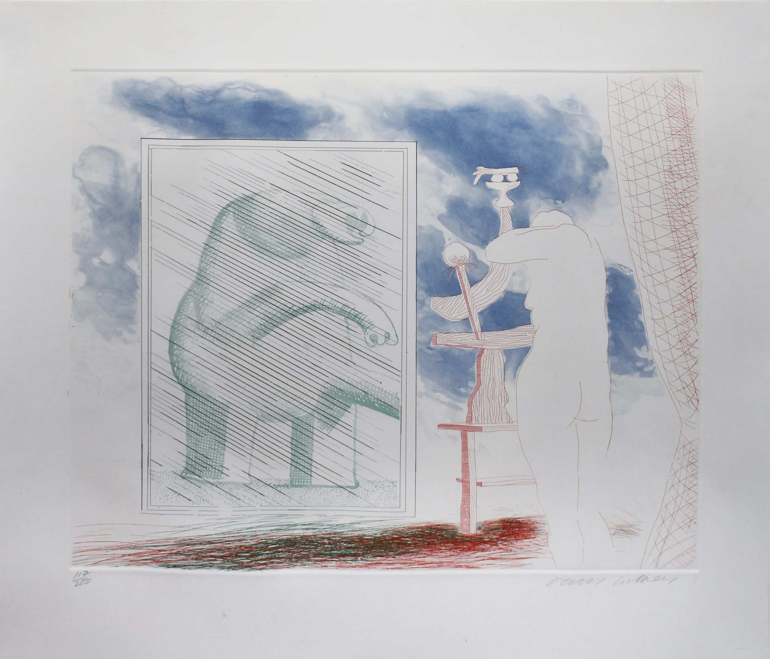 David Hockney (1937)
A Picture of Ourselves, from The Blue Guitar, 1976-77,
Etching and aquatint,
From the numbered edition of 200,
Signed, 
18 x 20.5 in