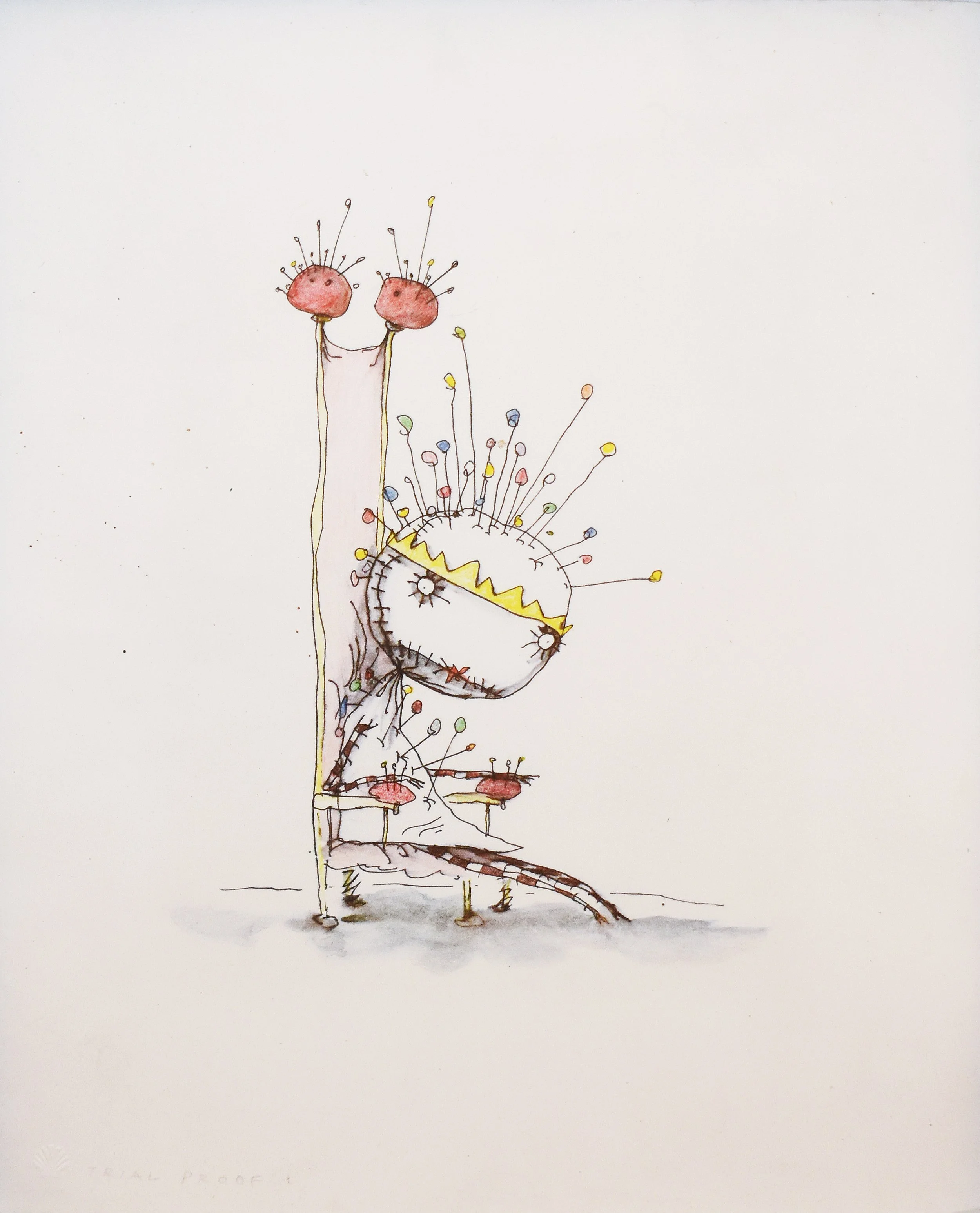 Tim Burton (1958)
 The Pin Cushion Queen , c. 1990's
Color lithograph from "The Melancholy Death of Oyster Boy" series
Trial proof aside the numbered edition of 125
Inscribed with chopmark on recto
Image: 12 x 15 in; Framed: 14.125 x 17 in