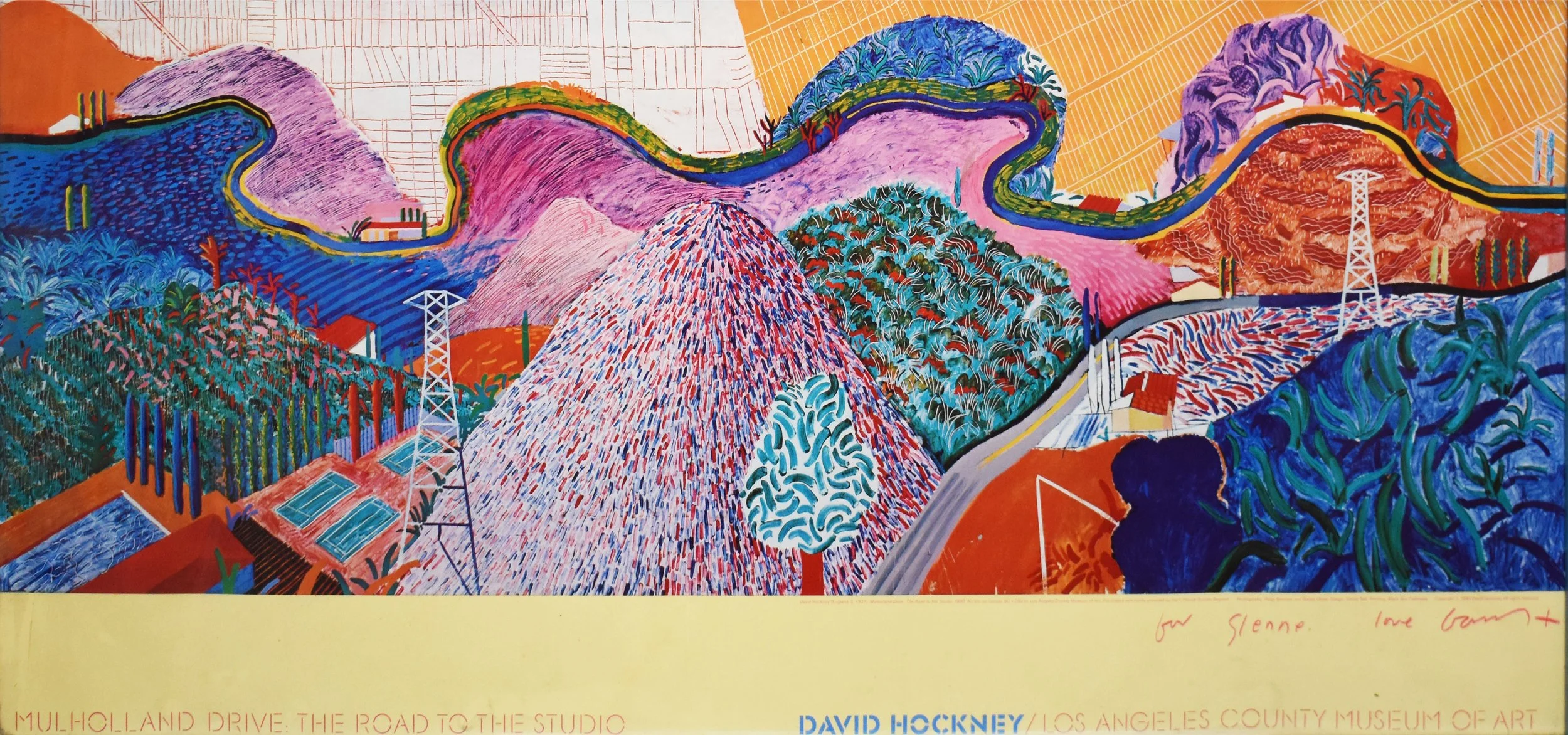 David Hockney (1937-2026)
 Mulholland Drive, The Road to the Studio , 1980
Collotype Continuous Tone Lithograph Poster
Dedicated "for Gleene" and signed in marker by artist