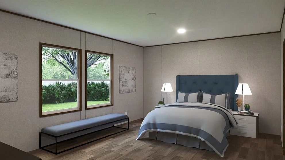 A modern bedroom with a bed, two nightstands with lamps, and two large windows showing a green outdoor scene.