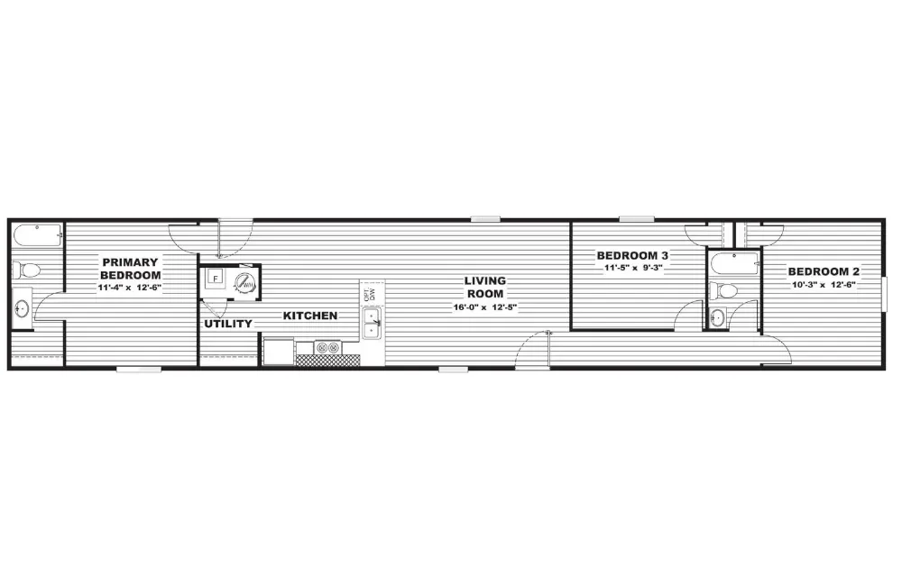 Floor plan of a mobile home with three bedrooms, two bathrooms, a living room, kitchen, and utility area.