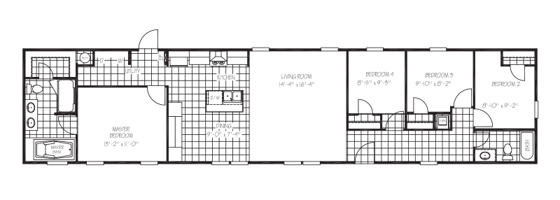 Floor plan of a house showing the layout of rooms including a master bedroom, two additional bedrooms, bathrooms, living room, dining area, and kitchen.