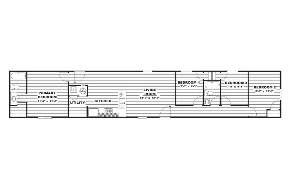 Floor plan of a single-story house with four bedrooms, two bathrooms, a kitchen, utility room, and living room.