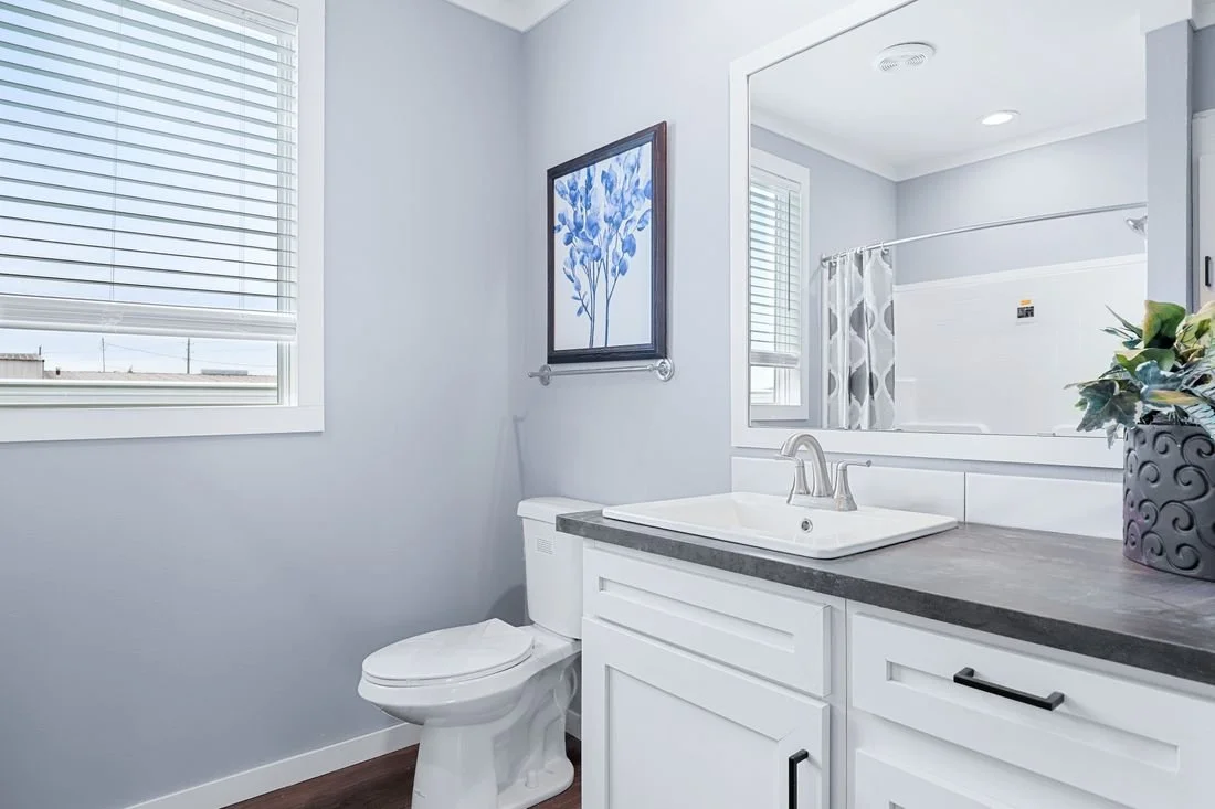 Bathroom with a toilet, vanity, sink, large mirror, window with blinds, framed artwork, potted plant, and shower curtain with a geometric pattern.