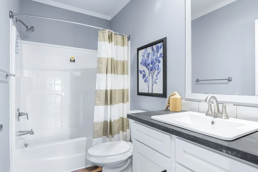 Bathroom with a shower/tub combo, striped shower curtain, framed floral art, white vanity with black countertop, and a large mirror.