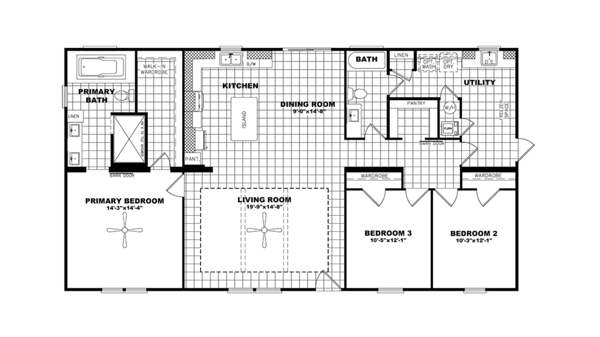 A detailed black and white floor plan of a house, including rooms labeled primary bedroom, primary bath, living room, kitchen, dining room, bedroom 2, bedroom 3, utility room, and bathrooms, with dimensions and features marked.