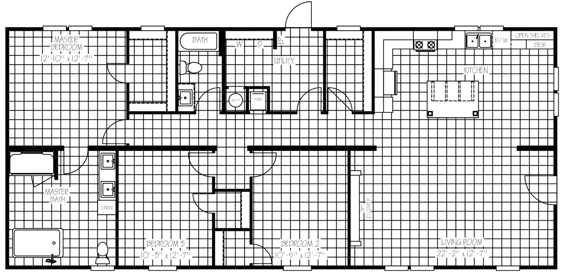 Floor plan of a house showing three bedrooms, two bathrooms, a kitchen, and a living room with detailed room labels and measurements.
