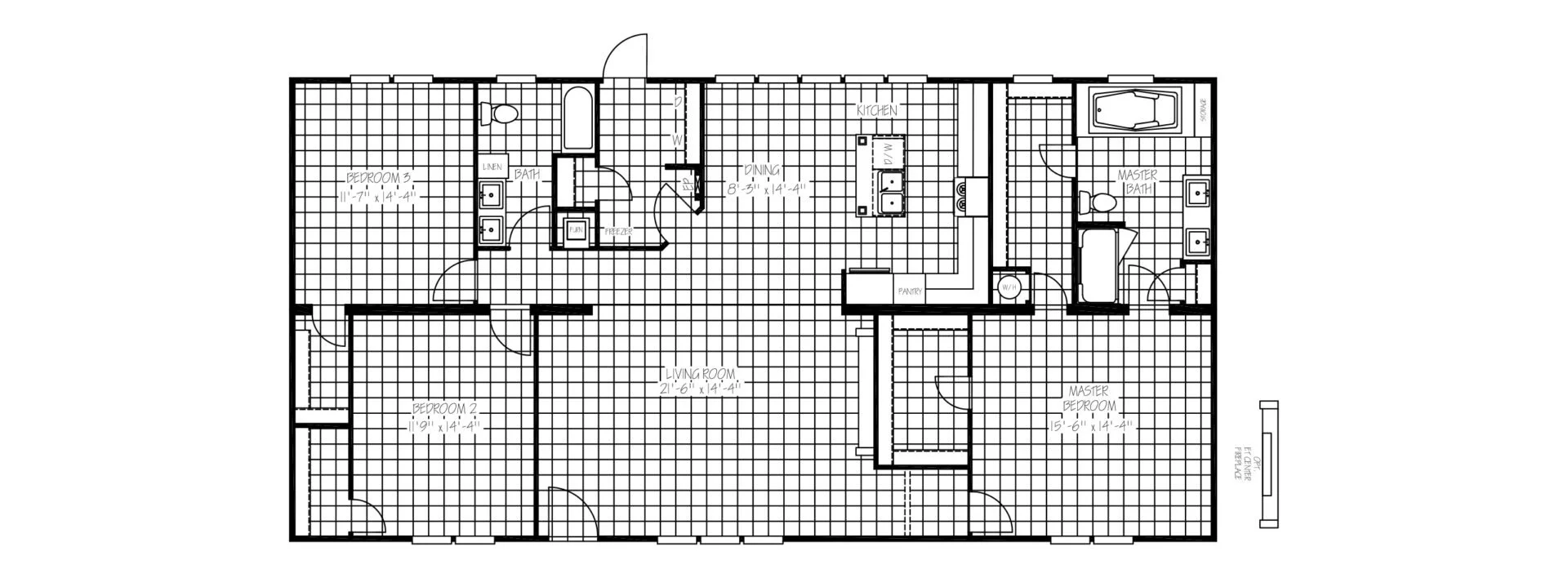 Floor plan of a house with three bedrooms, a living room, kitchen, dining area, two bathrooms, and a porch.