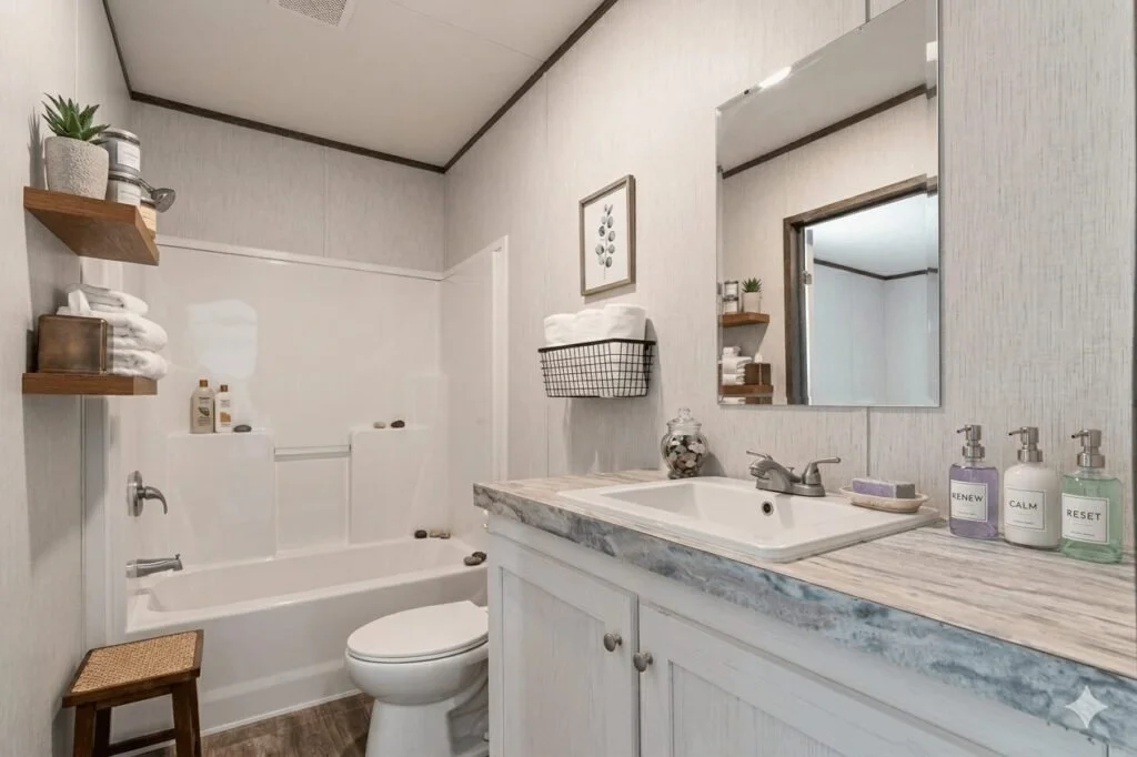 A small bathroom featuring a bathtub with built-in soap holders, a toilet, a wooden stool, floating shelves with towels and toiletries, a wall mirror, and a vanity with soap dispensers.