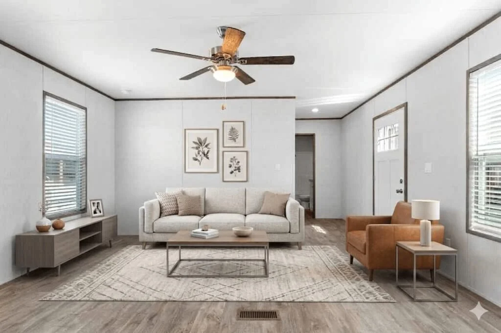 Living room with white walls, a ceiling fan, a white sofa with pillows, two framed botanical art prints on the wall, a low sideboard with decor, a beige area rug, a brown armchair, and a side table with a lamp.