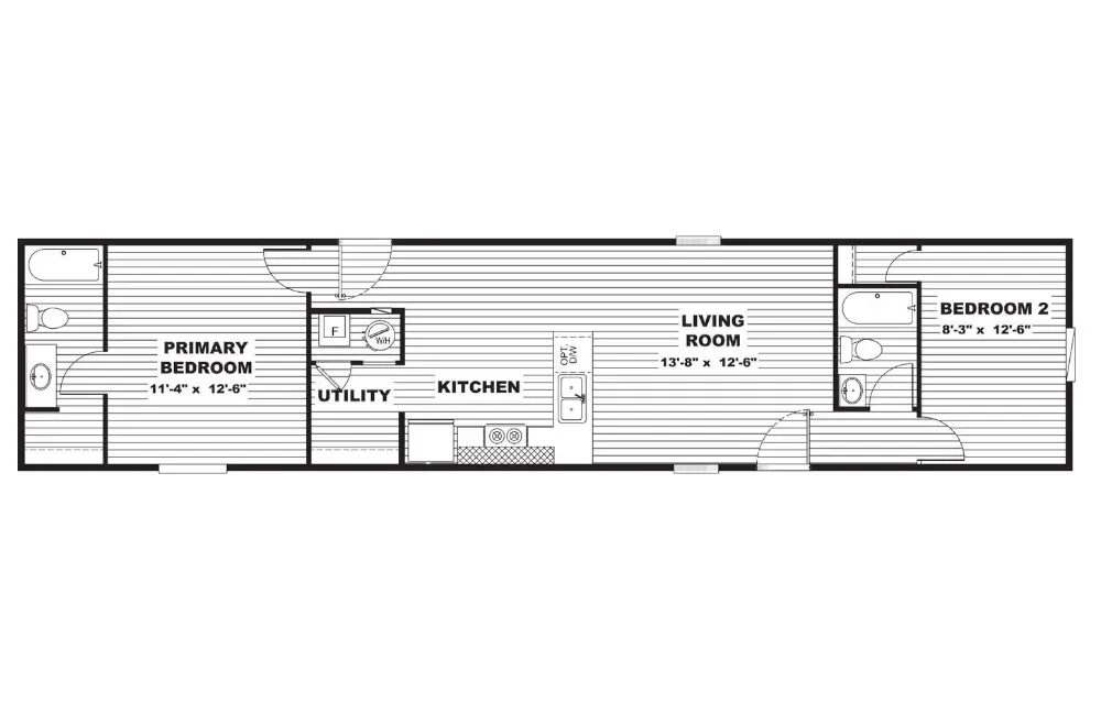 Floor plan of a single-story house with two bedrooms, two bathrooms, a living room, a kitchen, and a utility area.