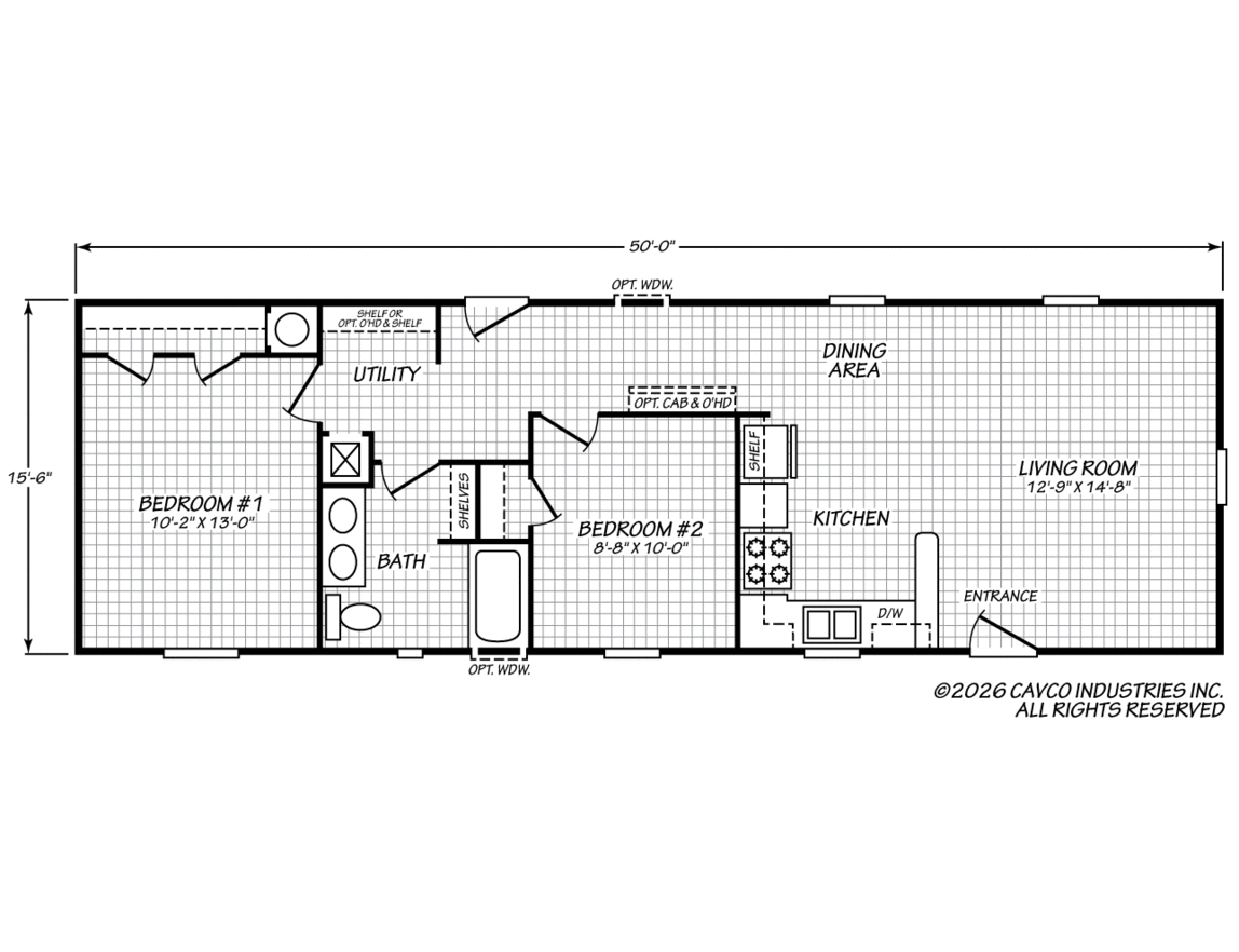 Floor plan of a house with two bedrooms, a bathroom, kitchen, living room, dining area, and utility room, with measurements and labels.