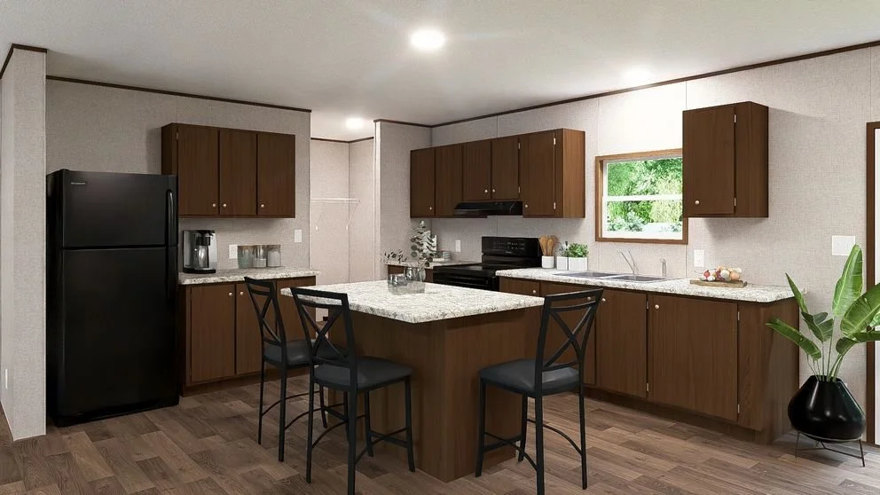 Kitchen with dark wood cabinets, granite countertops, black appliances, a small island with barstools, and a window overlooking greenery.