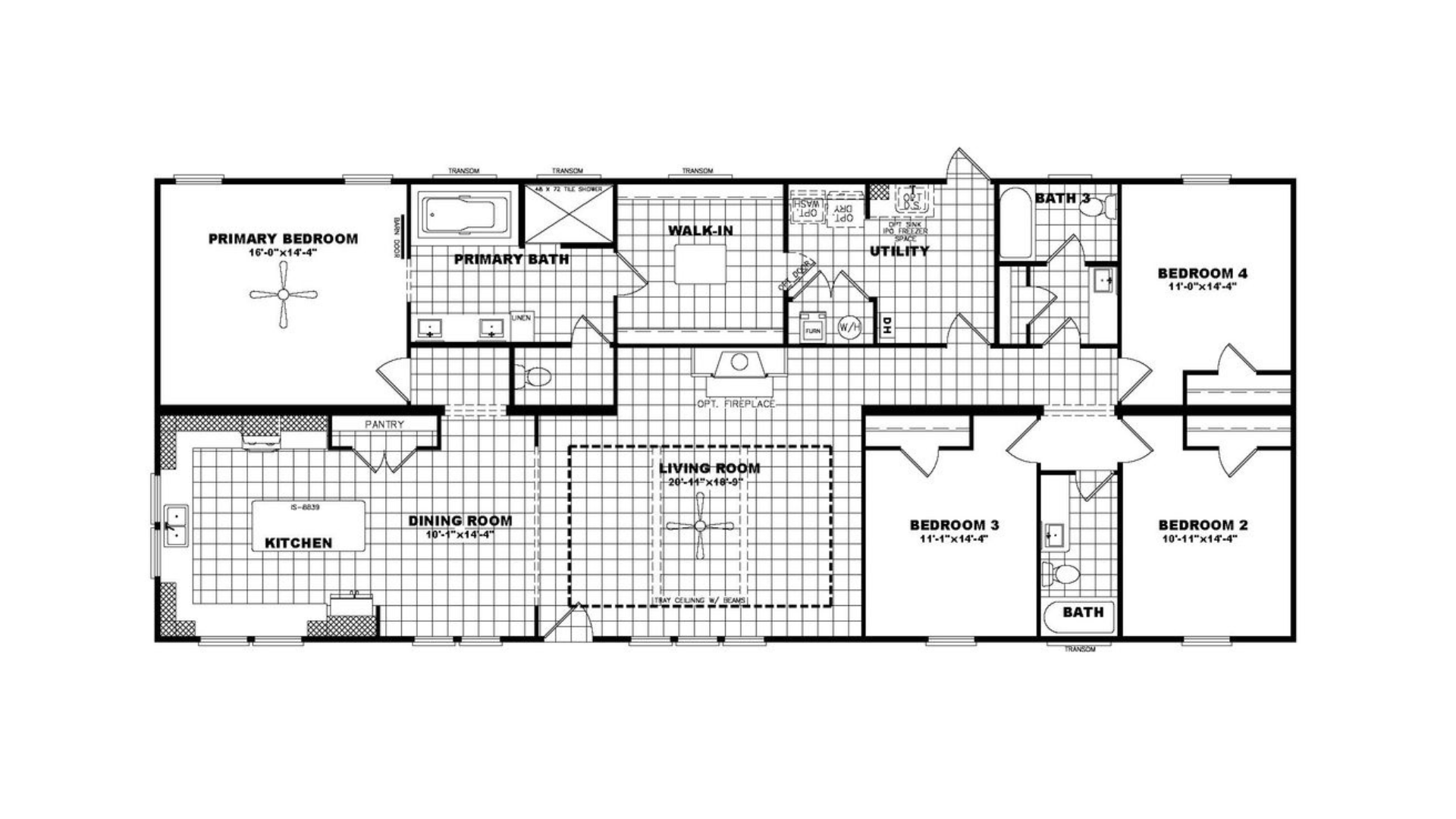 Floor plan of a house showing multiple bedrooms, bathrooms, a kitchen, dining room, living room, utility area, and walk-in closet.