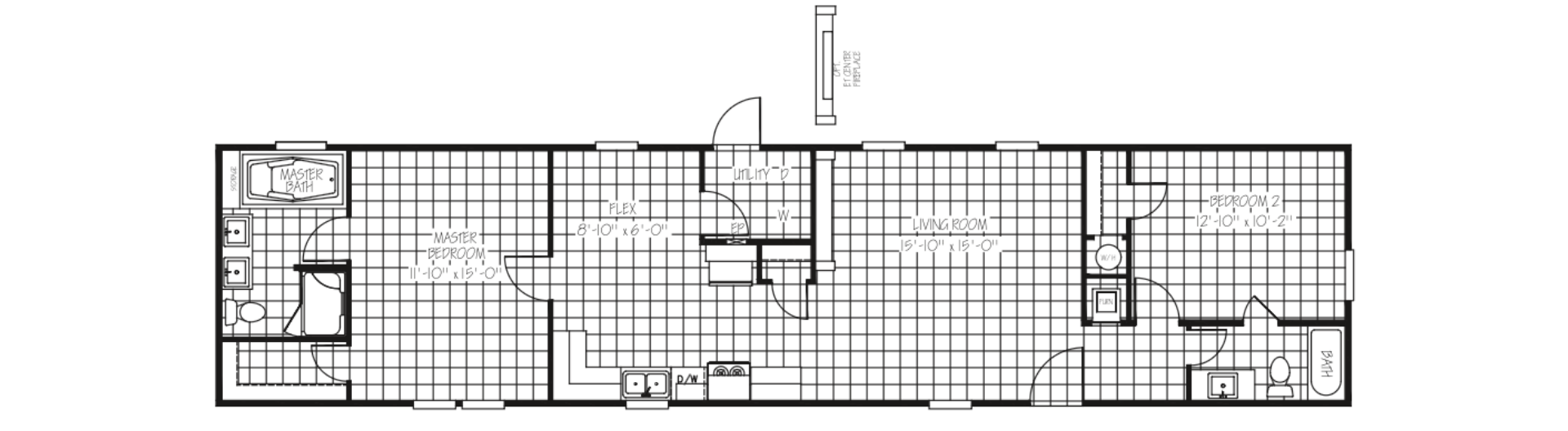 Floor plan of a house with two bedrooms, two bathrooms, a living room, kitchen, utility room, and flex space.