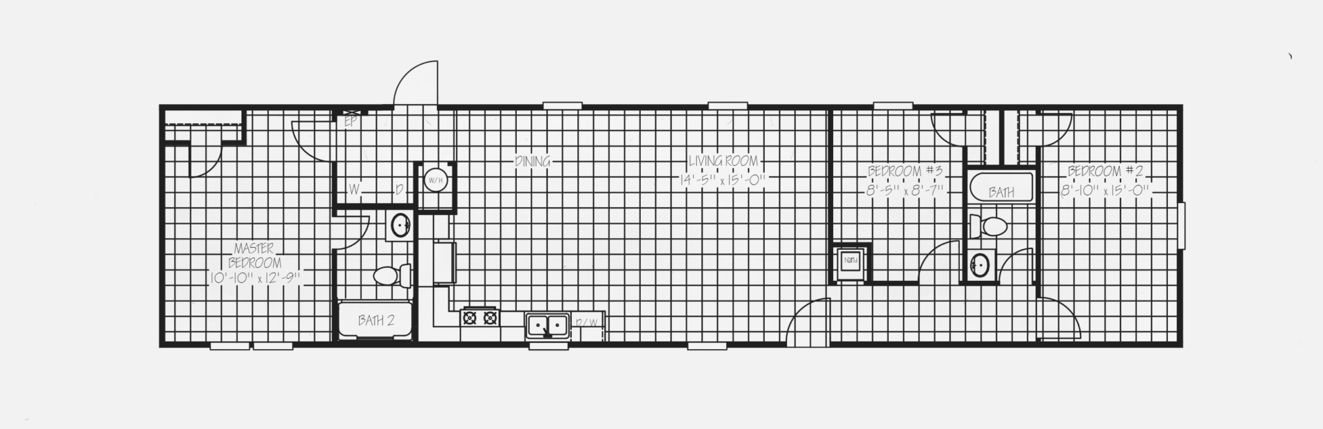 Floor plan of a house showing bedrooms, bathrooms, living room, dining area, and kitchen with labeled dimensions.