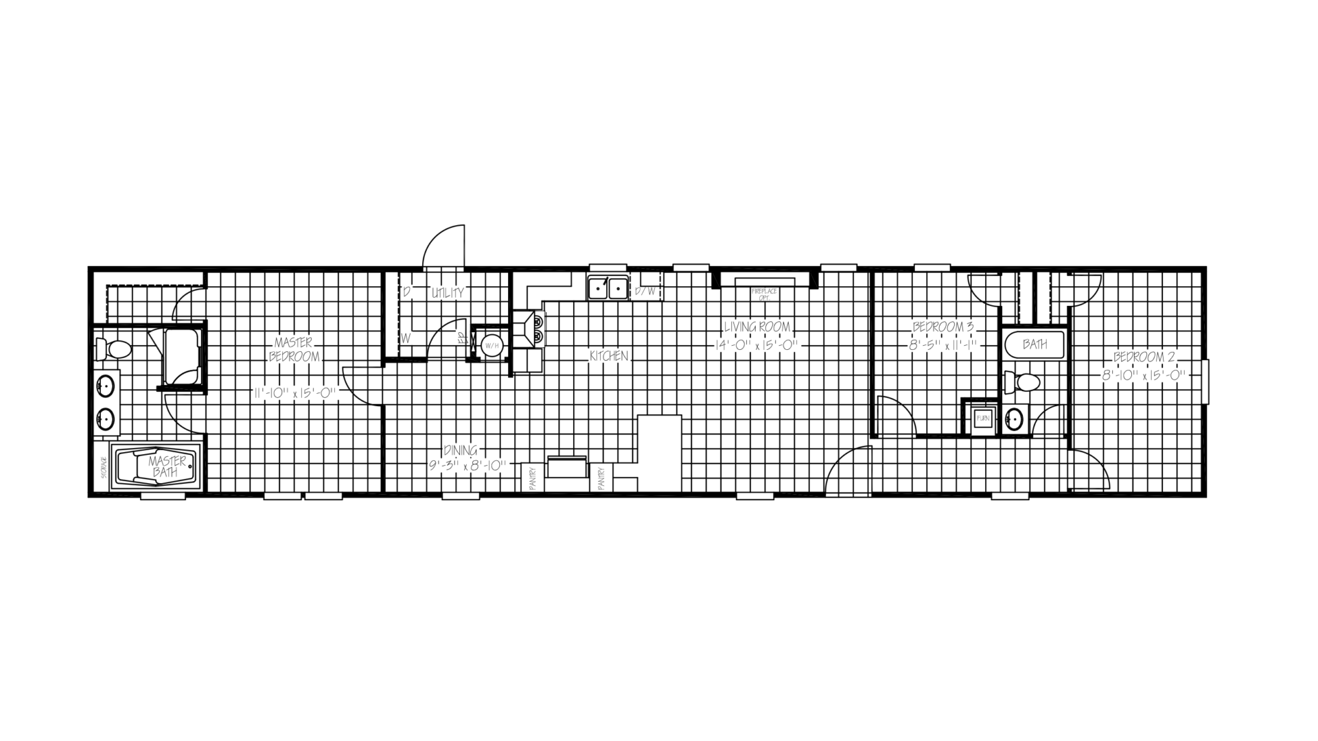 Floor plan of a house showing three bedrooms, two bathrooms, a living room, kitchen, dining area, utility room, and storage spaces.