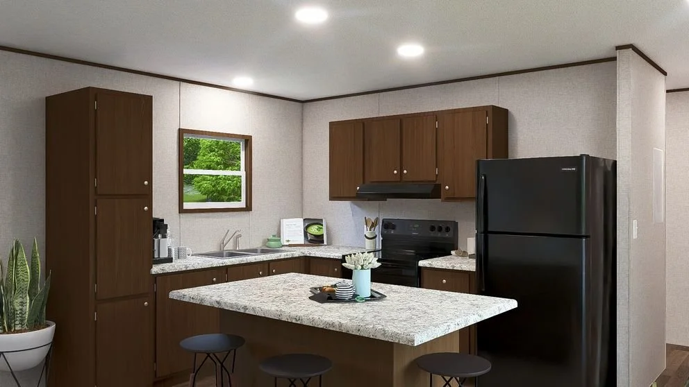 Kitchen with brown cabinets, a granite counter with breakfast bar, black refrigerator, microwave, oven, window, and potted plant.