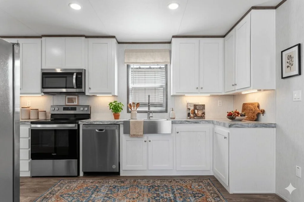 White kitchen with stainless steel appliances, marble countertops, and a window above the sink, decorated with potted plant, bowl of fruit, and framed artwork.