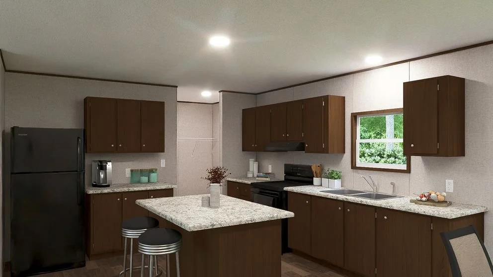 Kitchen with dark brown cabinets, granite countertops, a refrigerator, oven, sink, and window showing green outdoor scenery.