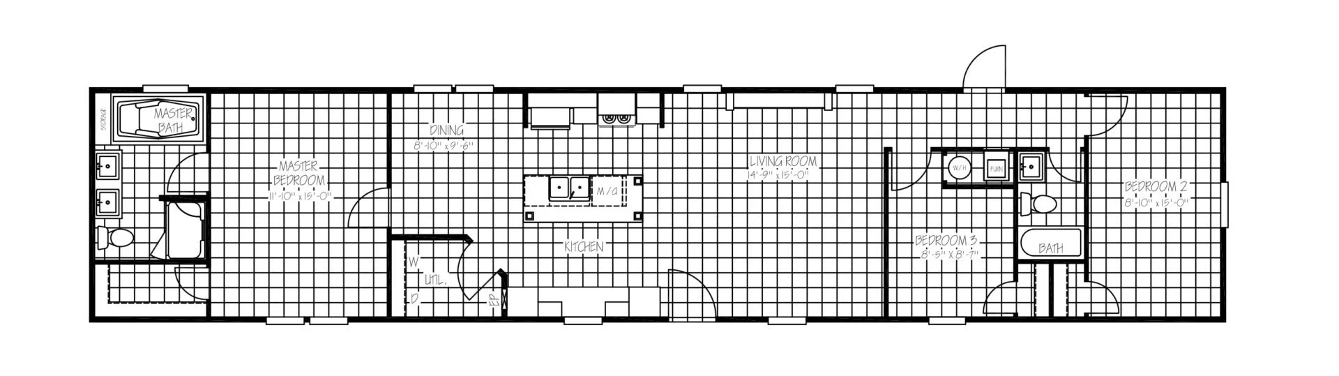 Floor plan of a single-story house with three bedrooms, two bathrooms, a kitchen, dining area, and living room.