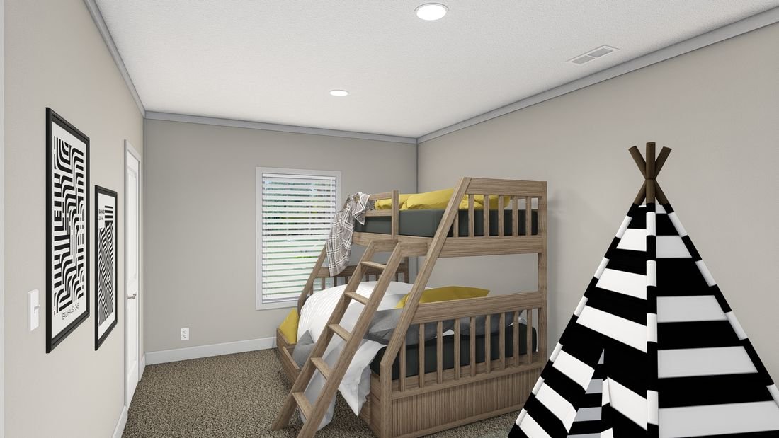 A child's bedroom with a wooden bunk bed, a black and white striped teepee, framed optical illusion art on the wall, a window with blinds, and gray walls.