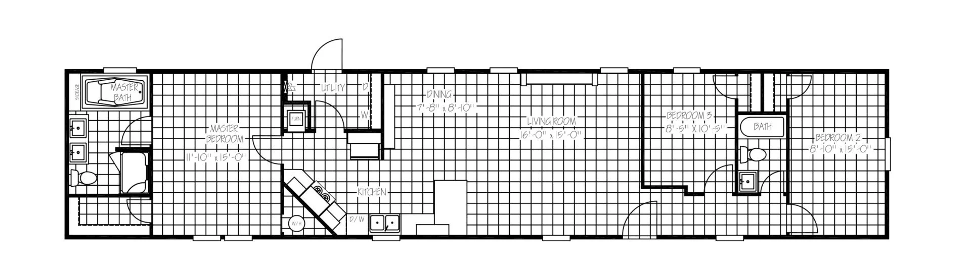 Floor plan of a single-story house with three bedrooms, two bathrooms, a kitchen, utility room, dining area, living room, and master bedroom with an en-suite bathroom.