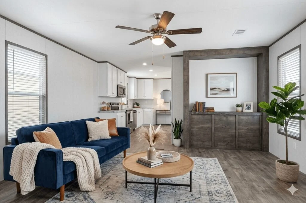 Living room with navy blue sofa, white walls, windows with blinds, wooden flooring, and a ceiling fan. The open kitchen in the background has white cabinets and stainless steel appliances. A wooden coffee table with decor and a large potted plant are