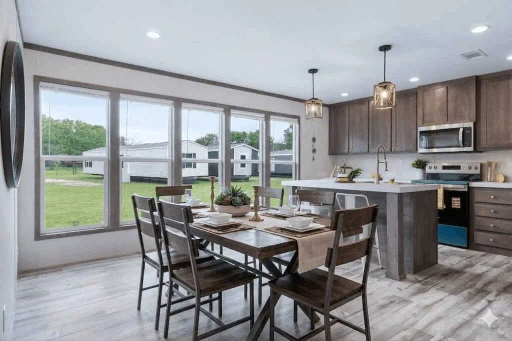 Dining area with a wooden table set for six, situated near large windows with a view of green lawn and white houses outside. Adjacent kitchen features wooden cabinetry, a white island with a sink, and modern appliances. Hanging pendant lights illumin