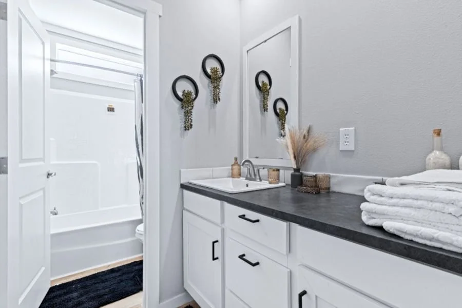 Bathroom sink area with black countertop, white cabinets, mirror, towels, and decorative vases; shower stall visible in background.