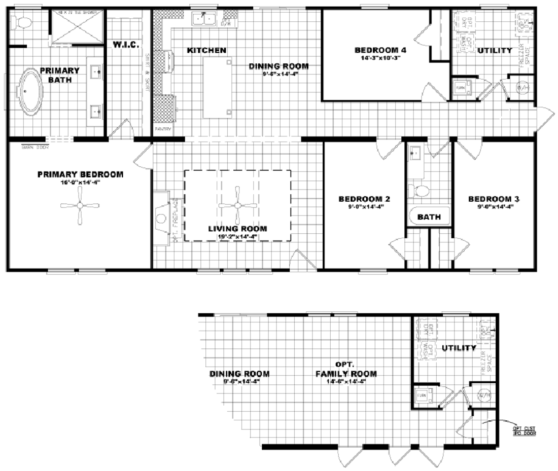 Floor plan of a house with multiple rooms including primary bedroom, living room, kitchen, dining room, bedrooms, bathrooms, utility room, and an optional family room on a deck or patio.