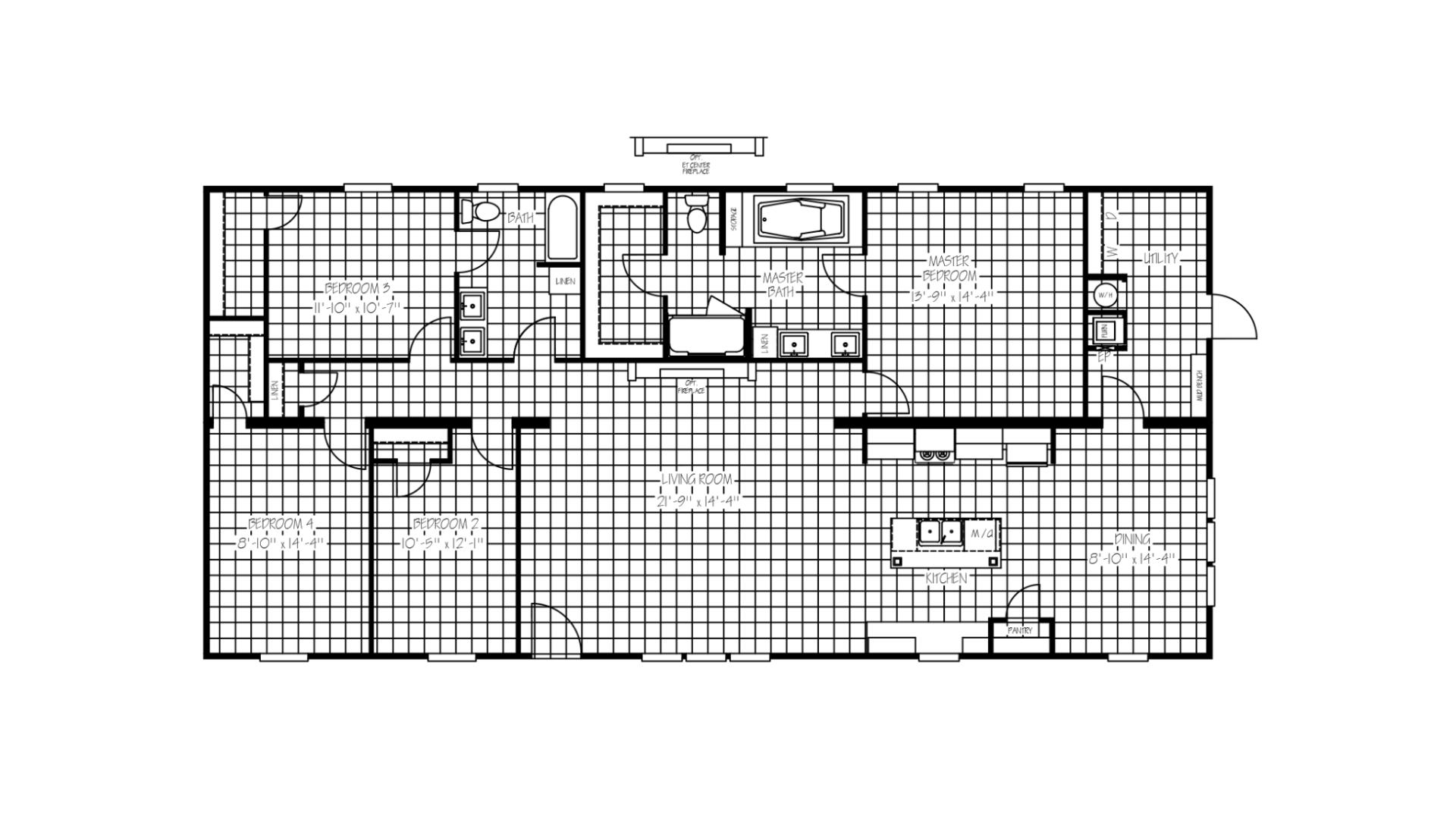 Black and white floor plan of a house with multiple bedrooms, bathrooms, a living room, kitchen, dining area, utility room, and other living spaces.