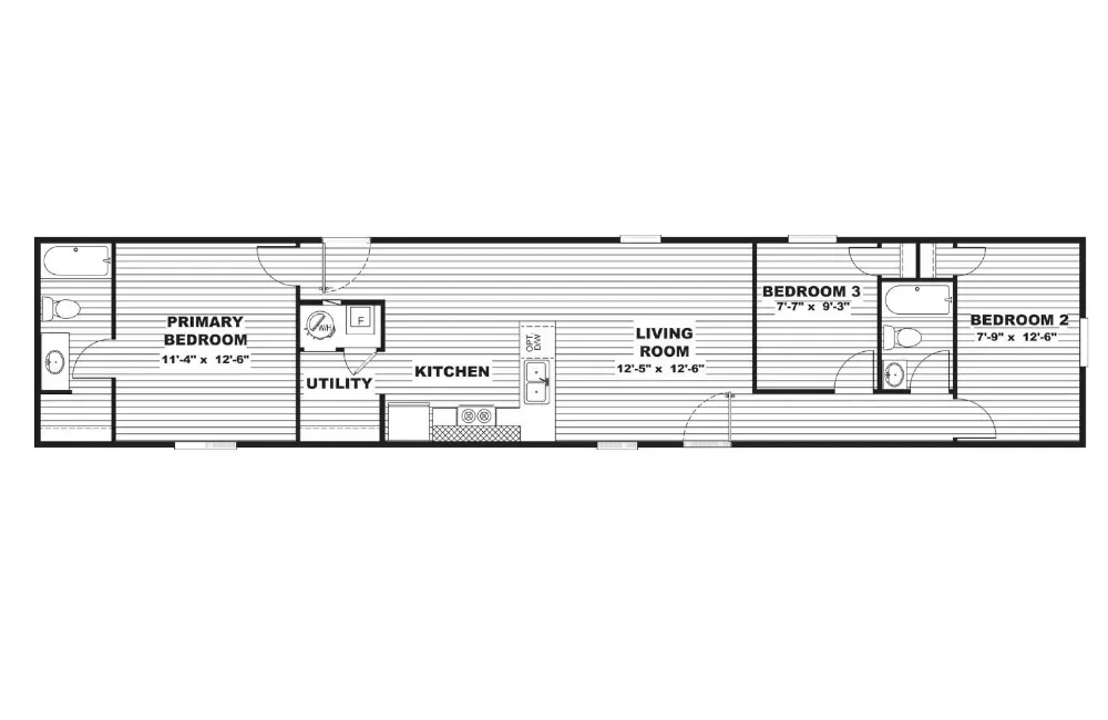Floor plan of a house with three bedrooms, two bathrooms, a living room, kitchen, and utility area.