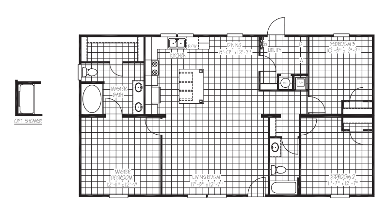 Floor plan showing a house layout with bedrooms, bathrooms, a kitchen, dining area, living room, laundry, and a deck.