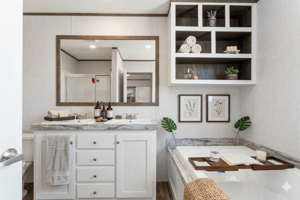 A modern bathroom with a large mirror above a white vanity, open shelving with folded towels and decor, framed botanical prints, and a bathtub with a tray and open book.