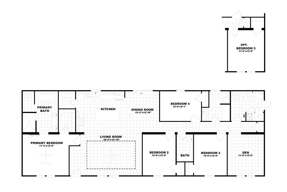 Floor plan of a house showing multiple bedrooms, bathrooms, kitchen, dining room, living room, and a den. An optional fifth bedroom is also depicted.