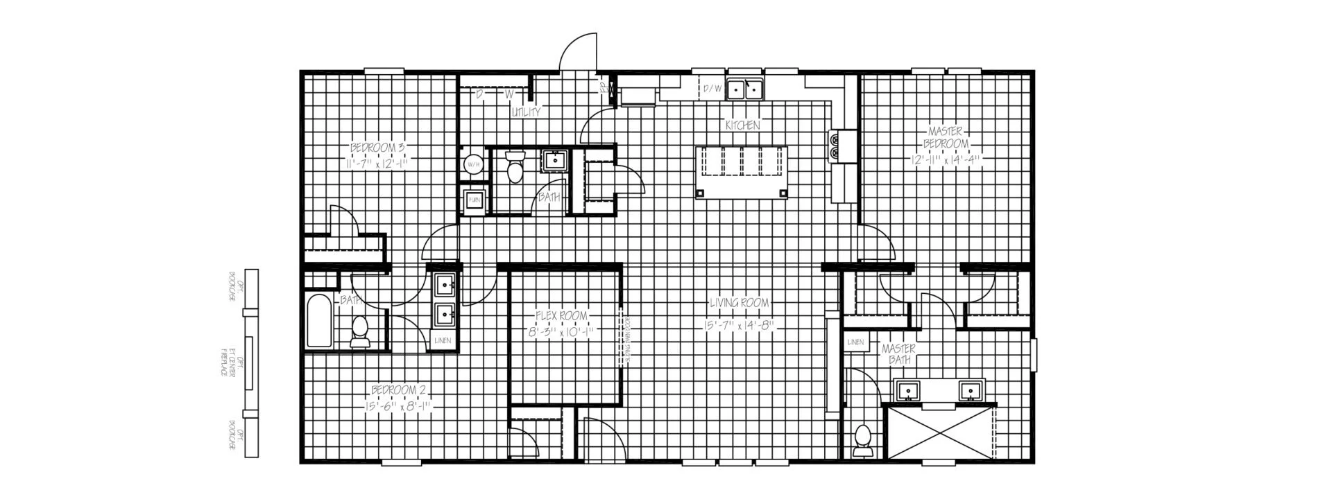 Floor plan of a house showing three bedrooms, two bathrooms, a living room, a kitchen, a utility room, and a flex room, with labeled dimensions.