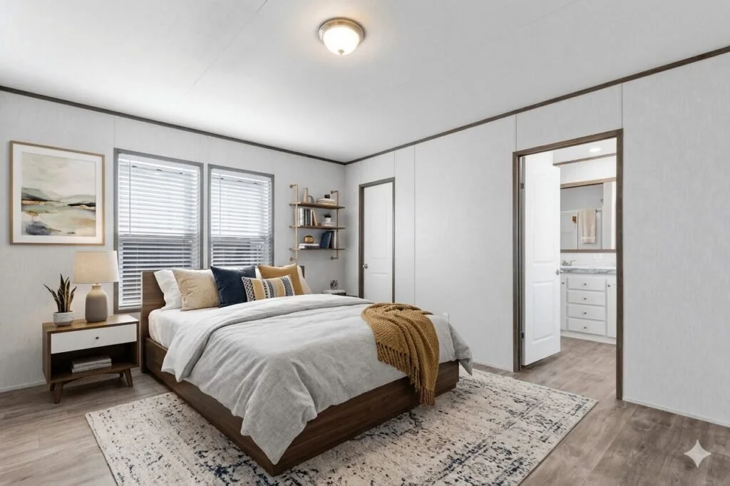 A bedroom with a bed, nightstand, shelves, and a doorway leading to a bathroom.