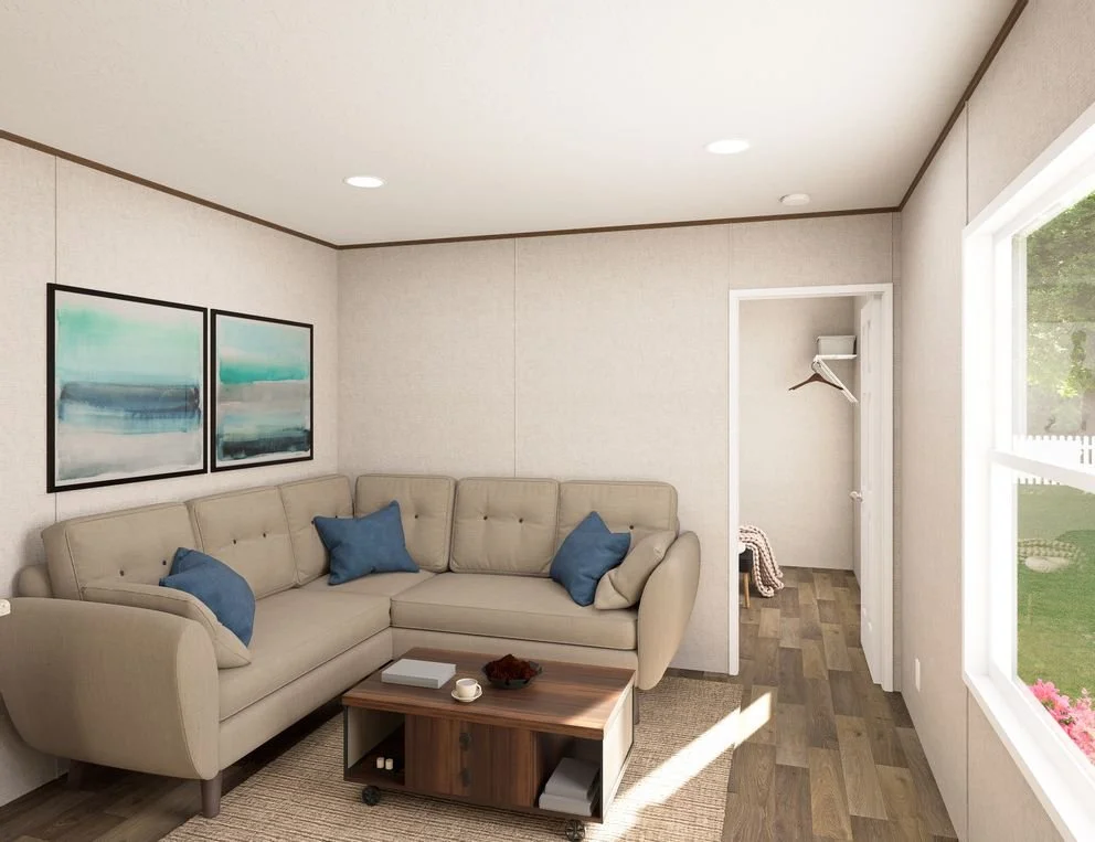 Living room with beige sofa, three blue pillows, two the same size and one larger, a wooden coffee table, a beige rug, abstract artwork on the wall, a large window showing greenery outside, and a small closet with a coat hanger.